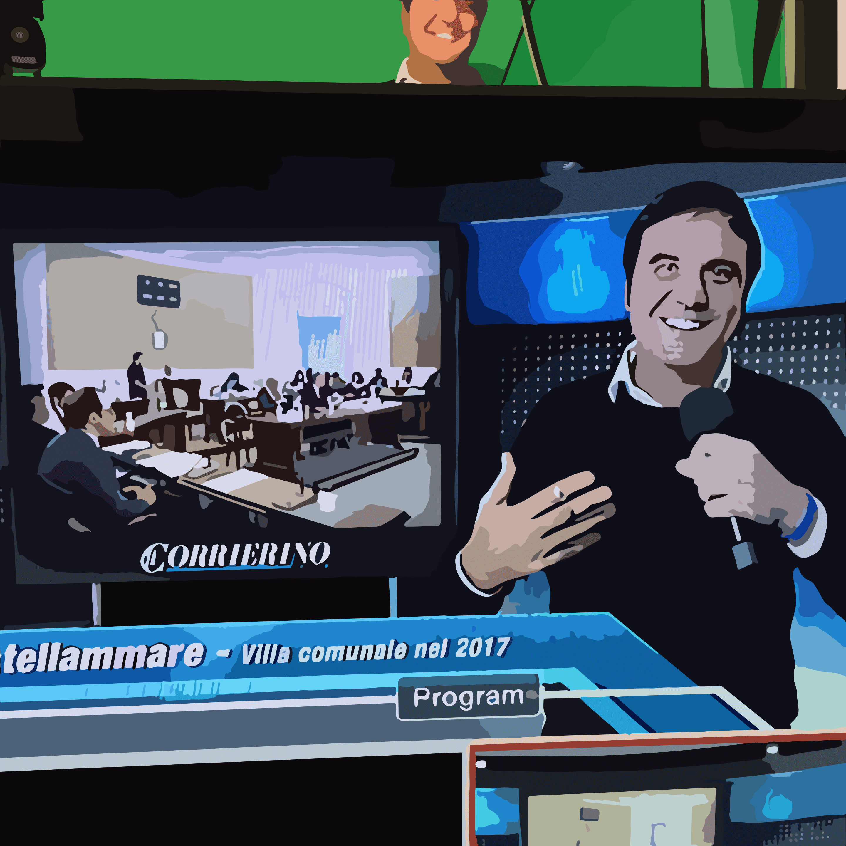 Christian Apadula Conduce in Studio su CH Media Christian Apadula in uno studio televisivo con schermo a chroma key