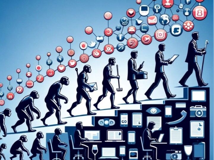 Illustrazione della evoluzione della comunicazione digitale dall'uomo primitivo all'era dei social media
