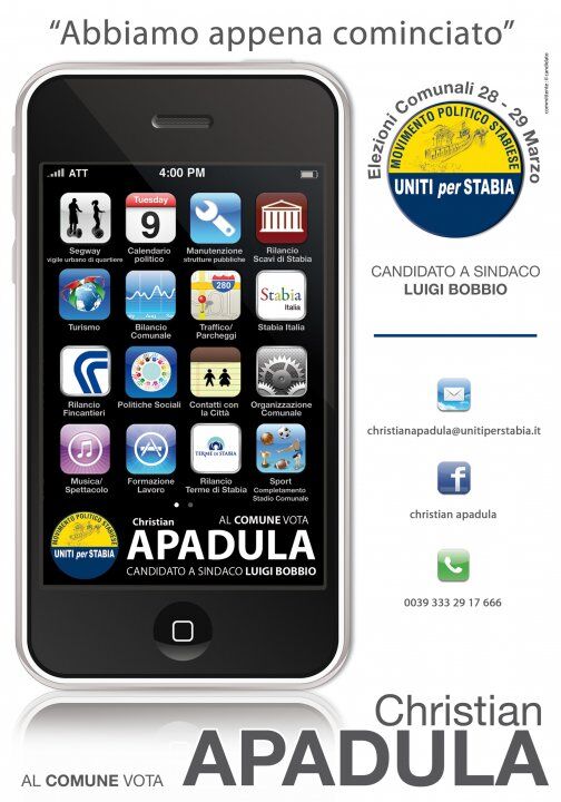 Manifesto elettorale di Christian Apadula con il logo di Uniti per Stabia, mostrando un iPhone con diverse icone di app.
