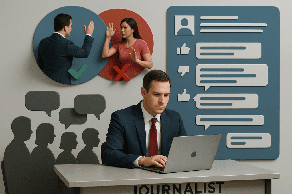 Giornalista concentrato al computer in redazione, con sullo sfondo icone di social media, commenti e due versioni opposte dello stesso evento, simbolo della disinformazione online.